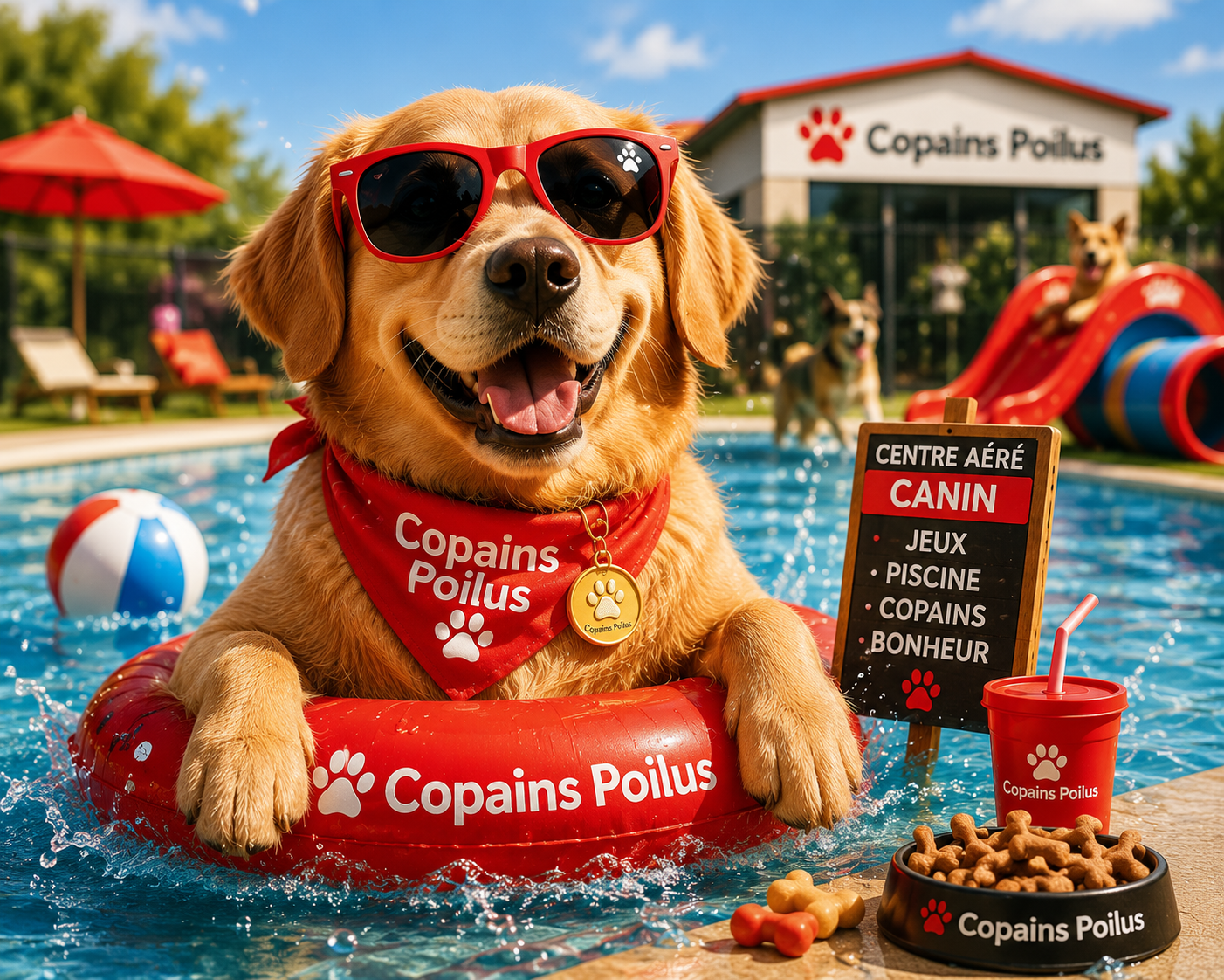 Un chien heureux à lunettes rouges et bandana Copains Poilus dans la piscine du centre aéré canin — jeux, piscine, copains, bonheur.