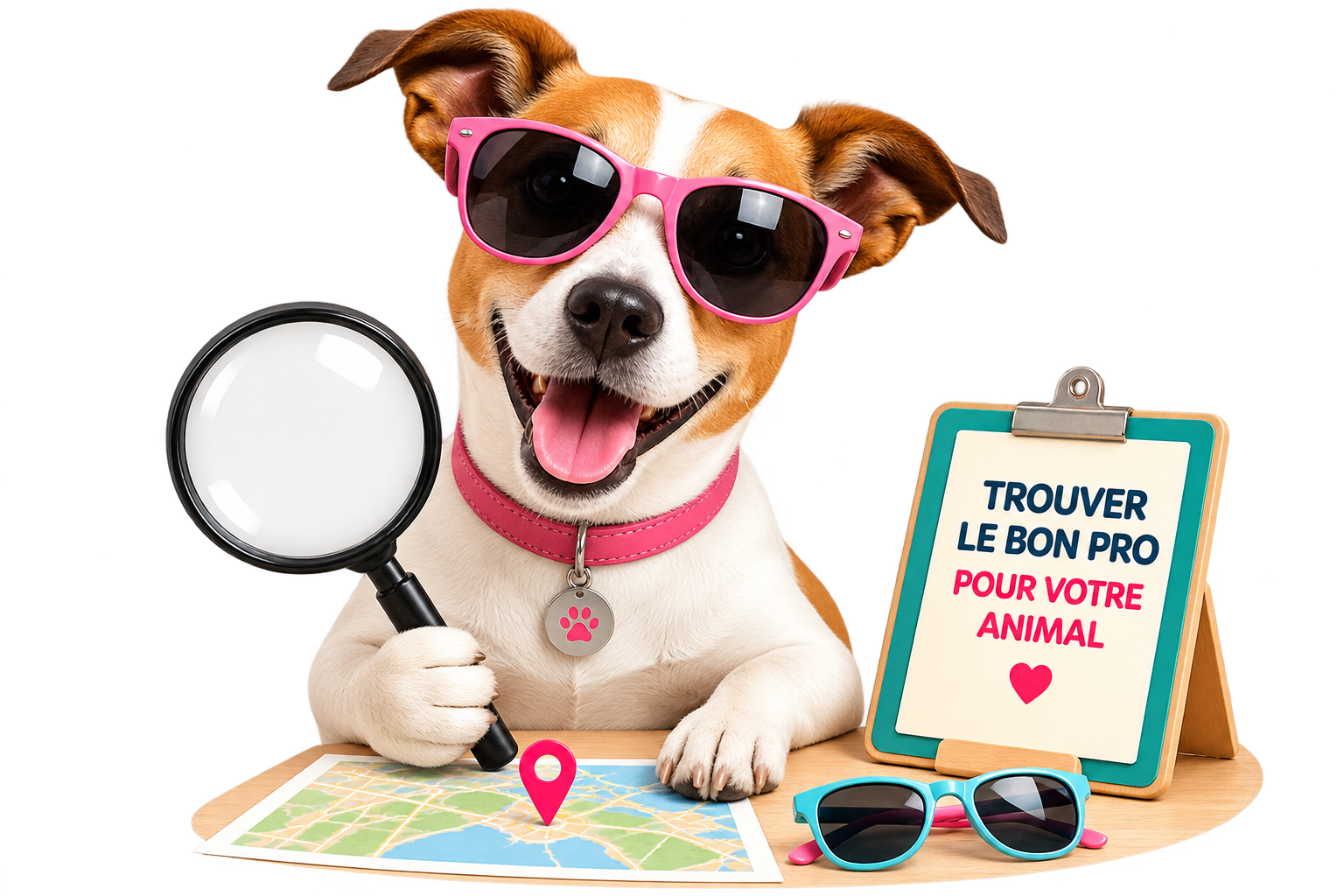 Annuaire Copains Poilus — un chien à lunettes roses cherche le bon professionnel pour votre animal