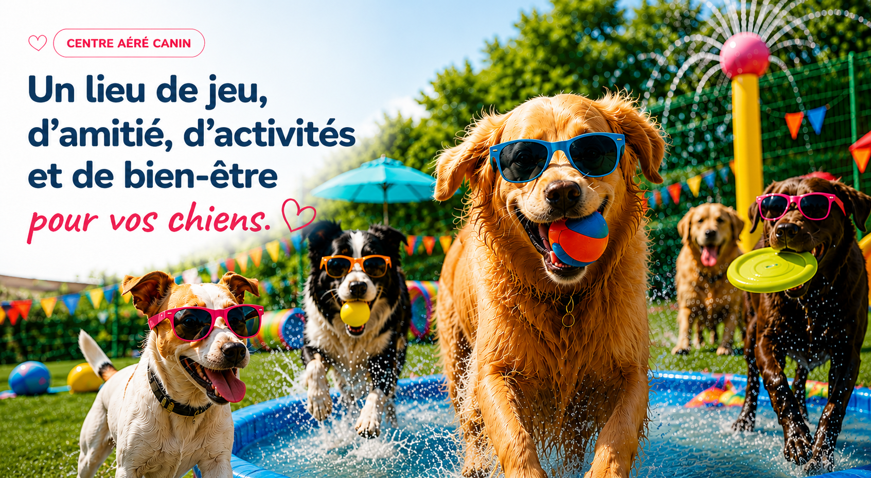 Des chiens joyeux courent et s'éclaboussent dans le bassin du centre aéré canin Copains Poilus