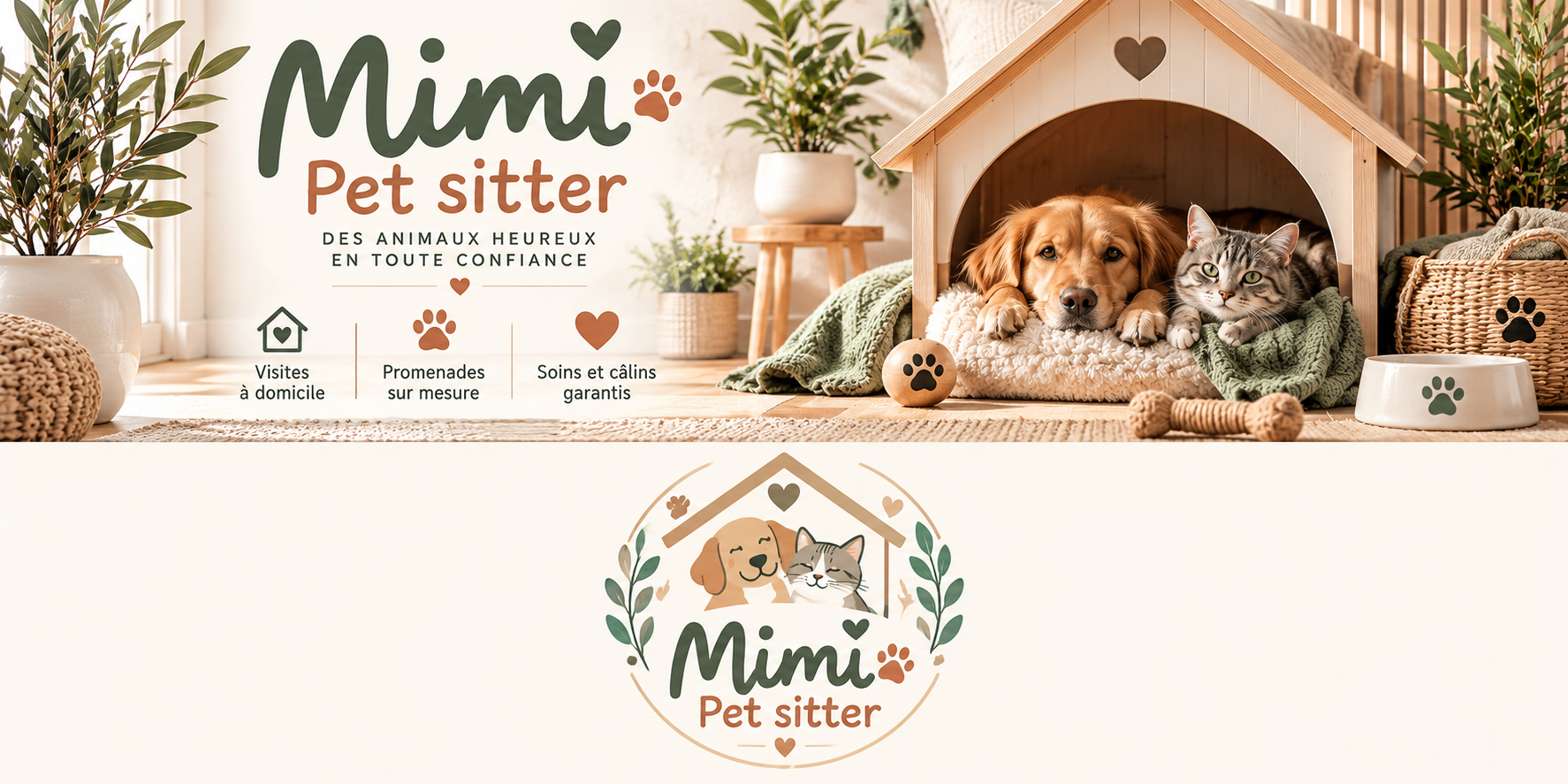 Réalisation Studio Créatif — Mimi Pet sitter : logo & bannière (univers scandinave)
