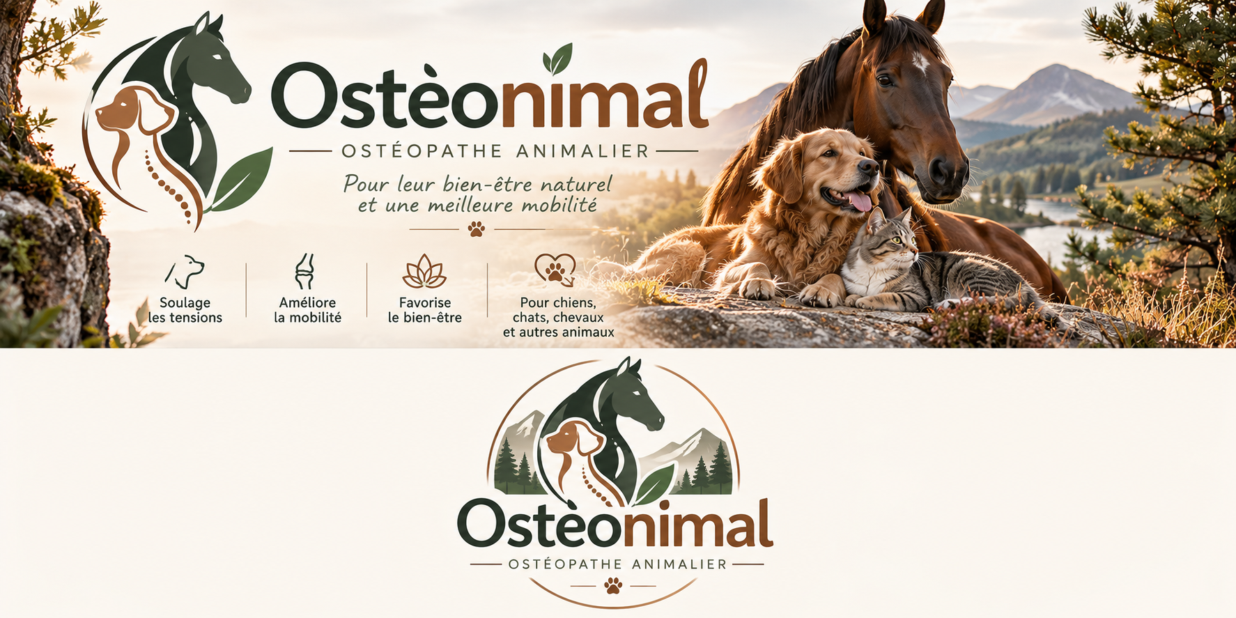 Réalisation Studio Créatif — Ostéonimal : logo & bannière (univers naturel et élégant)